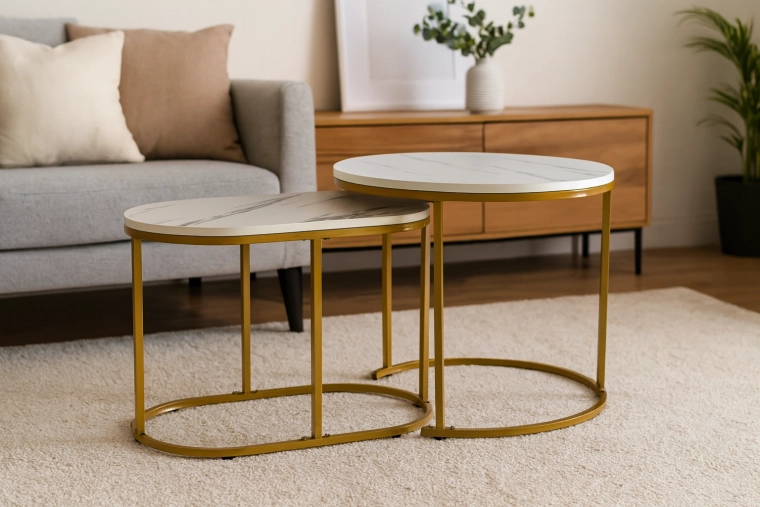 Sæt med to sofaborde marmor-effekt rund og oval, gyldent metal
