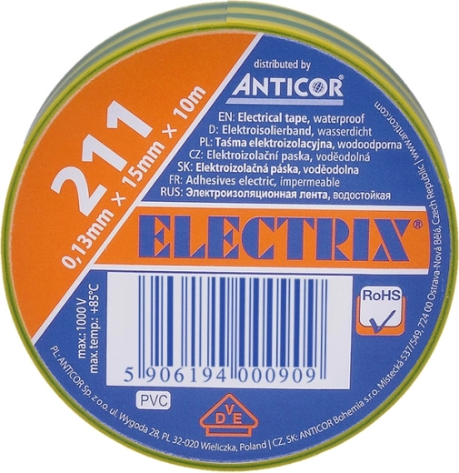 Solight elektrisk isoleringstape 15 mm × 0,13 mm × 10 m gul/grøn