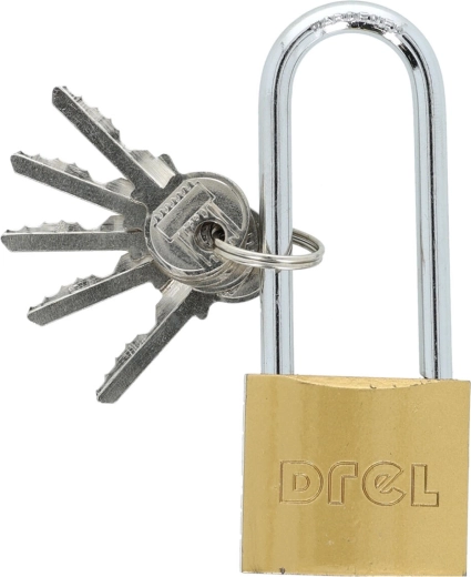 Hængelås 40 mm med forlænget bøjle, messing, 5 nøgler