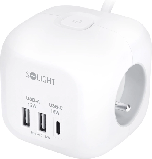 Solight terningformet forlængerledning med 3 stikkontakter + USB-A og USB-C, 2 m kabel, hvid