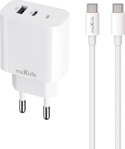 Maxlife hurtigoplader 30 W med USB‑C og USB + kabel USB‑C – Lightning