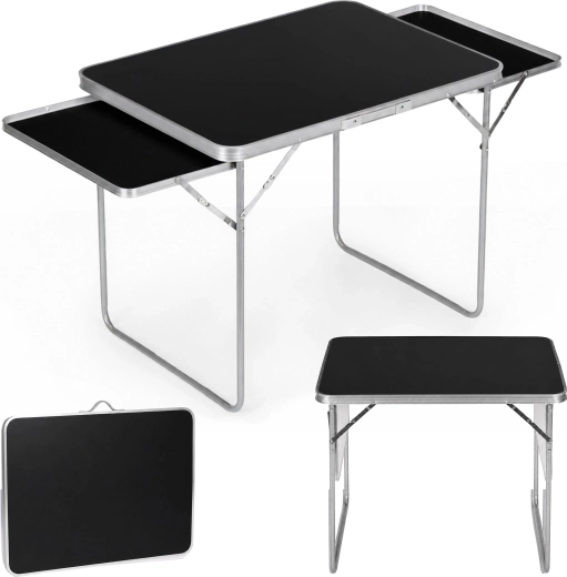 Multigarden sammenklappeligt campingbord 120 × 60 cm med 2 sidehylder, sort