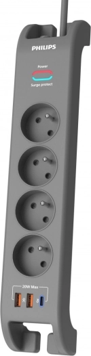 Overspændingsbeskyttet forlængerledning 2 m, 4 stikkontakter, 1× USB‑C, 2× USB‑A, PD 20 W / QC 18 W, 2400 J – Philips