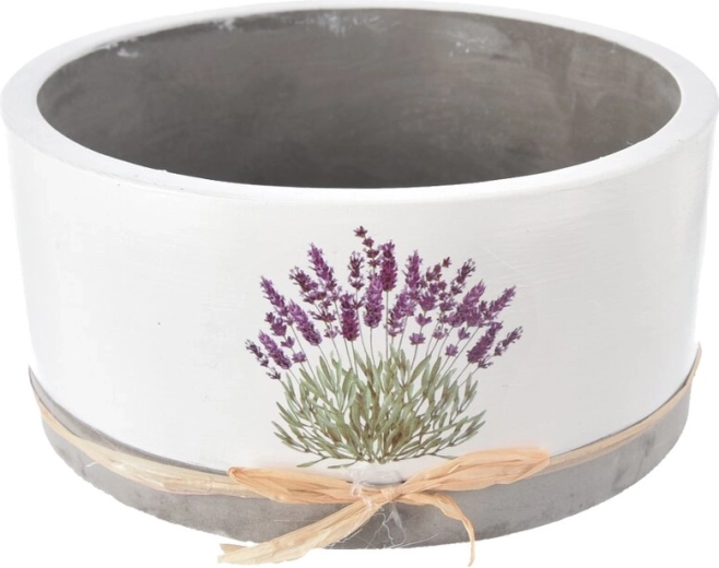Hvid betonblomsterpotte med lavendelmotiv 18 × 18 × 9 cm