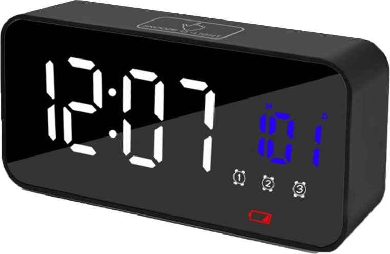 Elektronisk LED-vækkeur med spejldisplay og termometer - 1 stk.
