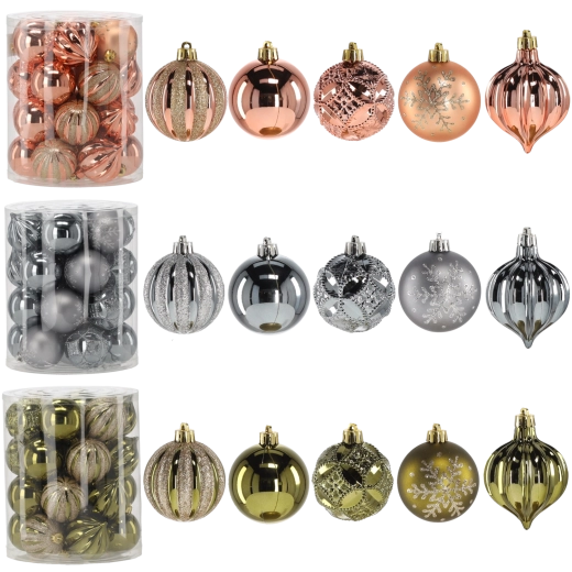 Sæt med juleornamenter 6 cm – oliven, kobber og grafit, 26 stk.