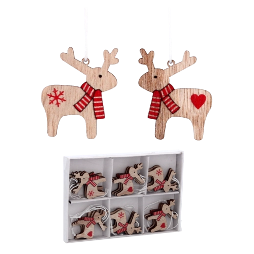 Sæt med 18 træjulepynt i rensdyrform CHOMIK