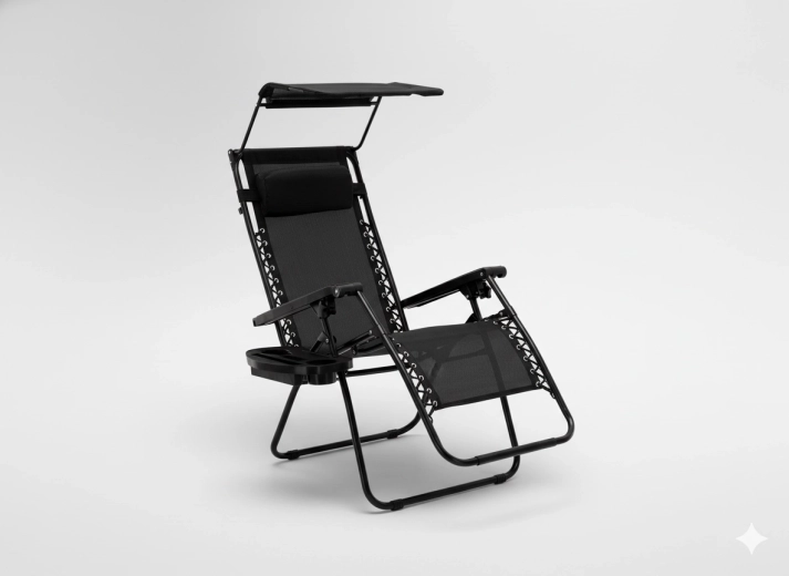 Sammenklappelig havestol med baldakin, bord, lomme og pude – sort