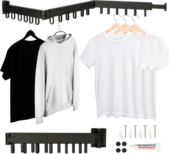 Vægmonteret sammenklappeligt teleskopisk tørrestativ til tøj, sort, 123 cm, 18 kroge