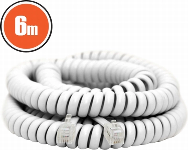 Spiralsnoet telefonkabel 6 m hvidt