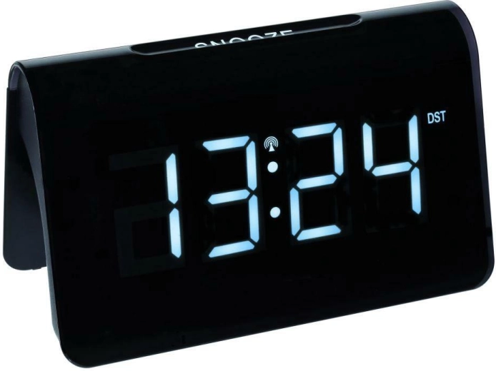 TFA ICON digitalt radiostyret vækkeur med store LED-tal, sort-hvid