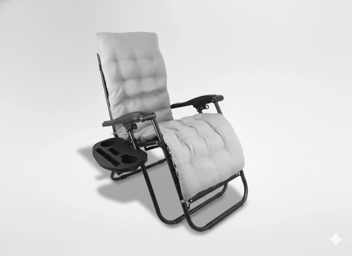 Sammenklappelig havestol med pude og sidebord, sort med grå pude