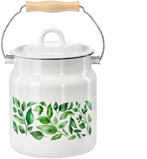 Emaljeret mælkekande 3,3 l med træhåndtag, hvid med fikusmotiv