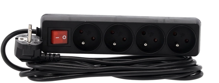 Overspændingsbeskyttet forlængerlist med afbryder, 4 stik, 3 m, sort