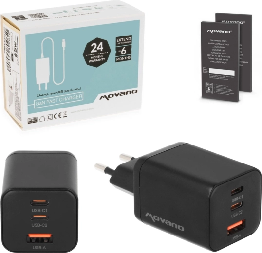 Movano GaN-oplader 65 W 2× USB-C PD + USB-A, sort