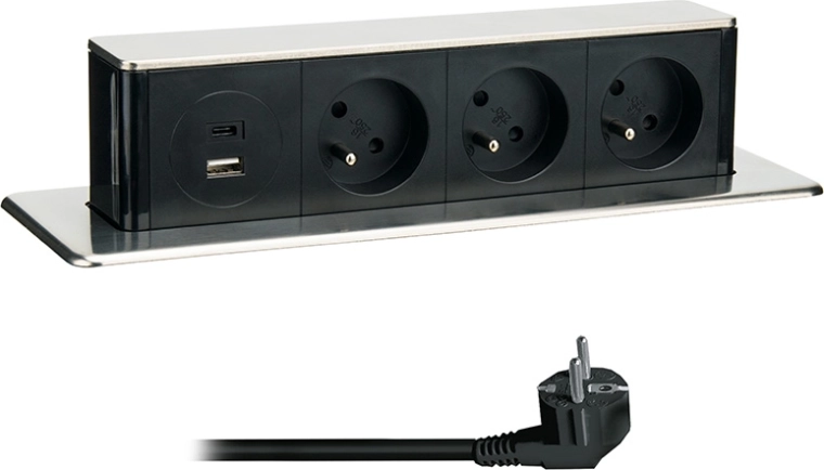 Solight udtrækkelig stikdåseblok 3× 230 V + USB-A/USB-C 20 W PD, 2 m, rustfrit stål