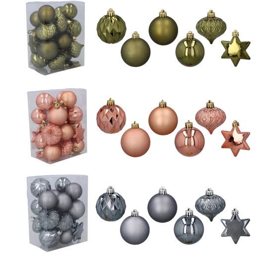 Sæt med 23 julepynt i oliven-, kobber- og grafitfarve