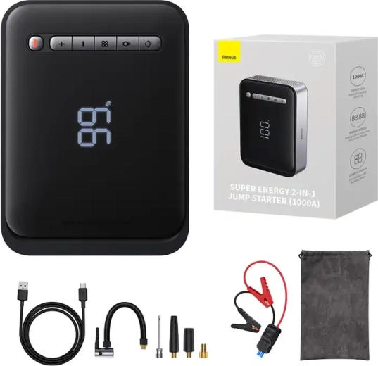 Start-powerbank og kompressor 2-i-1 Baseus Super Energy, 8000 mAh, 1000 A (sort)