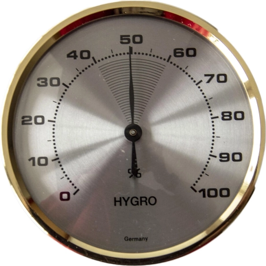 Analogt metalhygrometer med messingring, diameter 7 cm