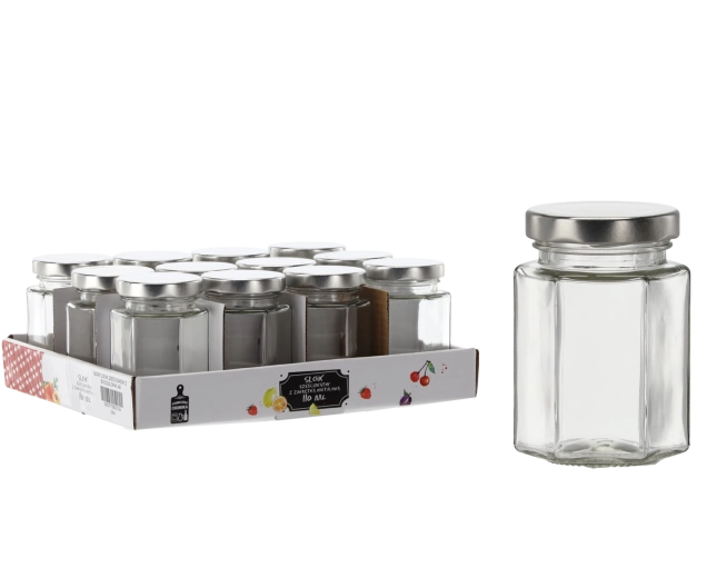 Sekskantet glas 110 ml med metallåg (pakke med 12 stk.)