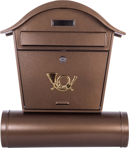 Postkasse med rund taghætte og rør til aviser, brun antik