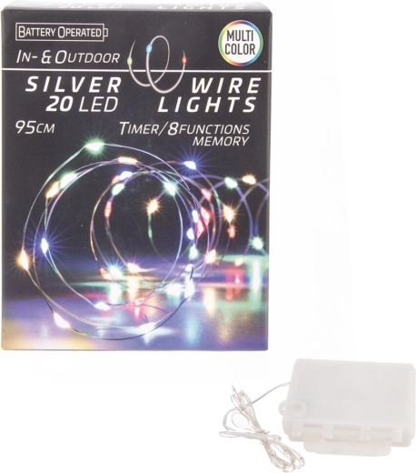 LED-lyskæde på tråd med timer, 20 LED, farvet, inde/ude