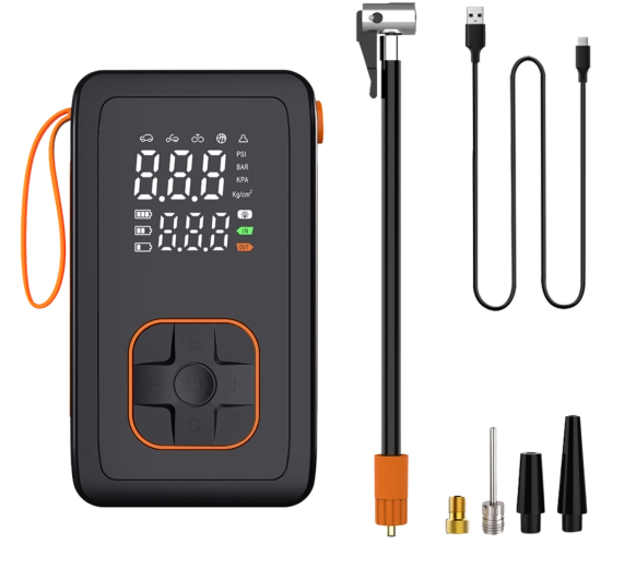 Bærbar genopladelig luftpumpe og powerbank 7,4 V til bil, cykel og bolde