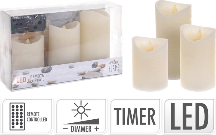 Sæt LED-lys med fjernbetjening og timer, elfenbensfarvet (3 stk.)