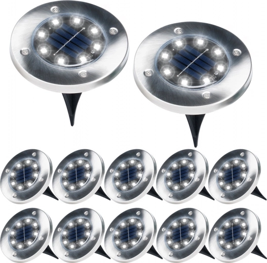 Solcelledrevne nedgravede LED havelamper i rustfrit stål, 12 stk., diameter 11,5 cm