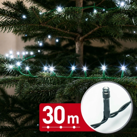 LED-lyskæde 30 m med 600 LED, kold hvid med grønt kabel