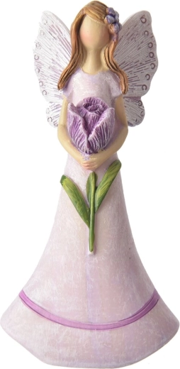 Dekorativ fe af polyresin med rosa blomst