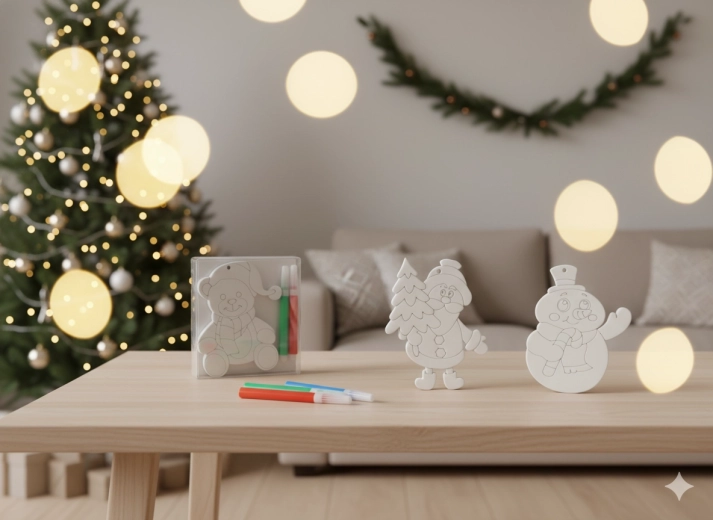 Sæt med julepynt til at farvelægge med 4 tuscher – snemand, bamse og julemand