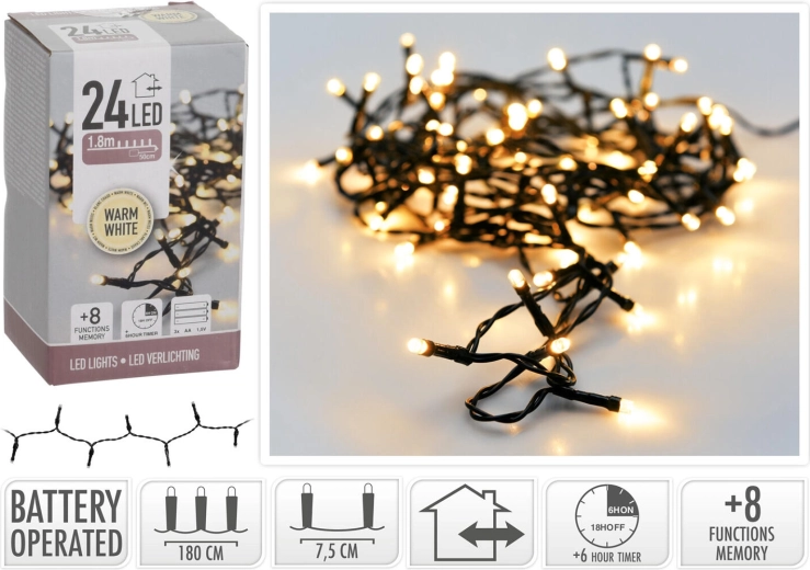 Jule LED-lys 1,8 m, 24 LED, varm hvid, 8 funktioner med timer