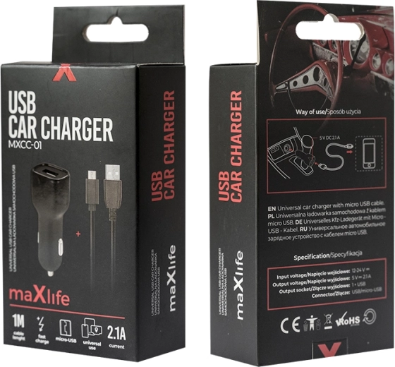 Maxlife billader 2,1 A med microUSB, sort
