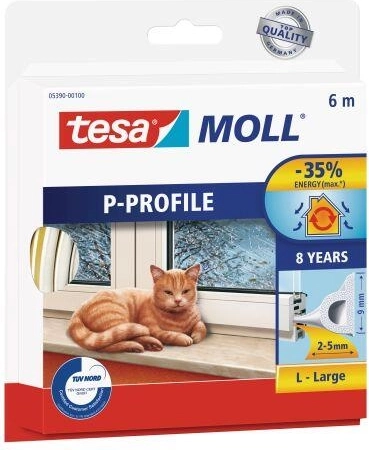 Tætning til vinduer og døre P-profil 9 × 5,5 mm, hvid, 6 m