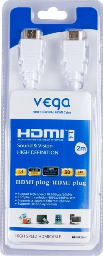 Vega HDMI-kabel 3D, forgyldte stik, 2 m, hvid