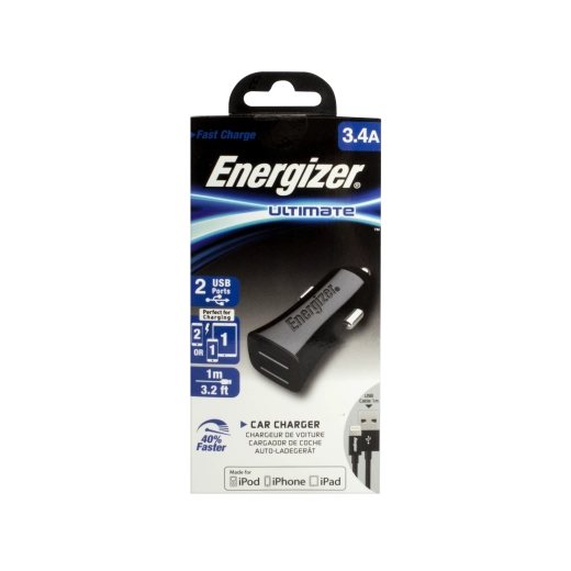 Energizer biladapter 3,4 A med to USB, sort