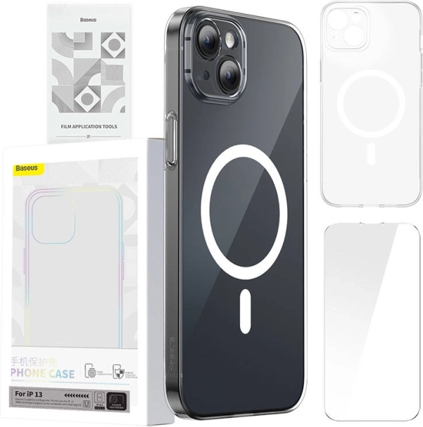 Baseus Magnetic Crystal Clear etui til iPhone 13 med hærdet glas og rengøringssæt