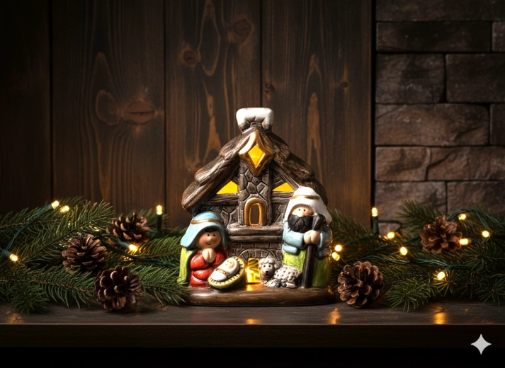 Julekrybbe hus med LED-belysning 10 × 6,6 × 12 cm