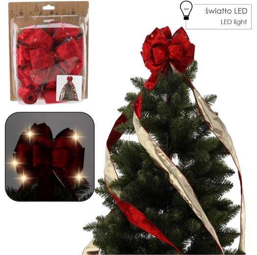 Rød fløjlsjule-sløjfe med LED-belysning til trætoppen 1,8 m