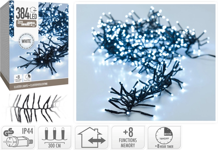 Jule-LED lyskæde 3 m, kold hvid, 384 LED, 8 tilstande med timer