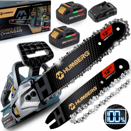 Batteridrevet kædesav Humberg 12" med kulfri motor + 2× 4 Ah batterier