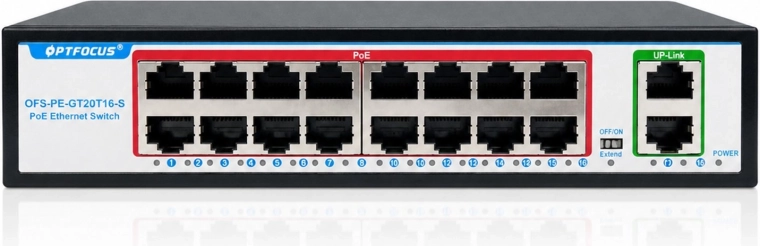 Gigabit PoE-switch RENEW FORCE med 16 PoE-porte og 2 uplink-porte