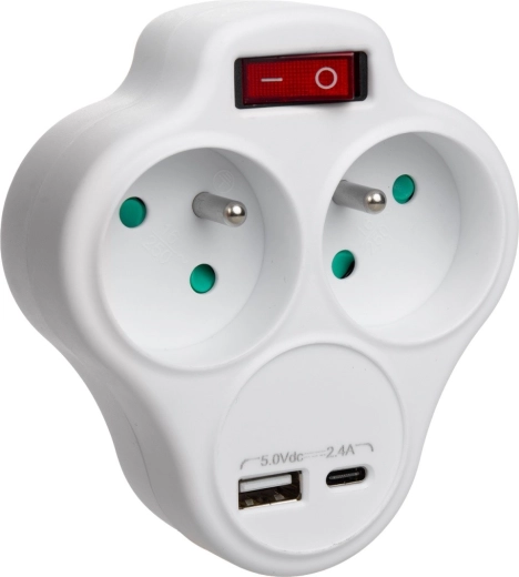 Stikdåsefordeler med 2 stik, USB og USB-C
