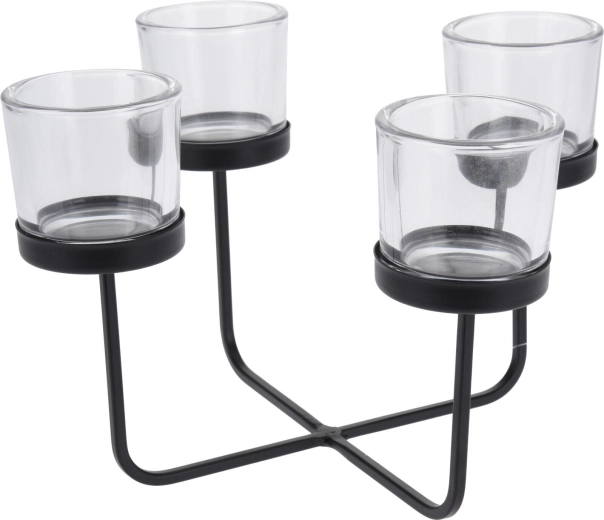 Firearmet lysestage af metal og glas, sort