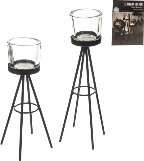 Sæt af glas- og metallysestager, sort, 2 stk.