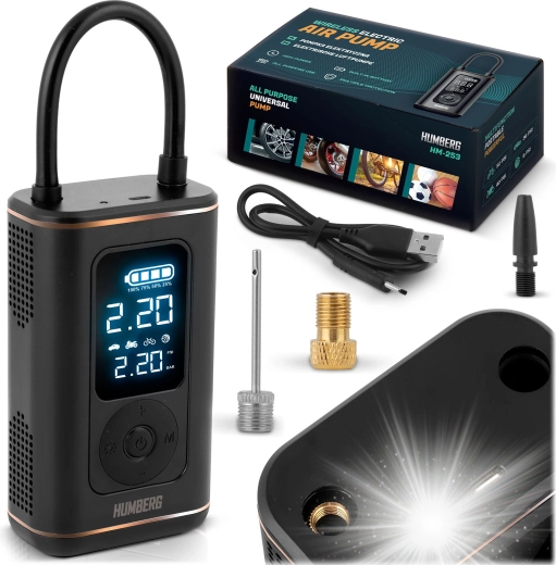 Trådløs mini-kompressor HUMBERG med digitalt manometer og LED-lys
