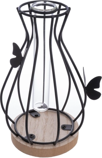 Vase i træ og metal med sort sommerfuglemotiv