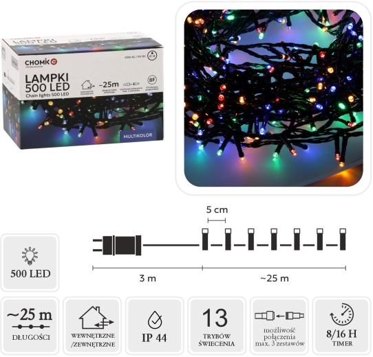 LED-lyskæde 500 dioder multicolor 28 m (25 m lysende del) til indendørs og udendørs brug - 1 stk.