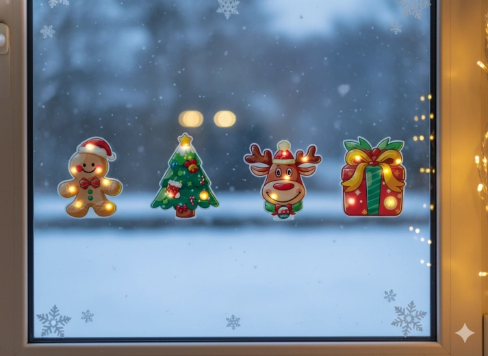 Jule gel-LED klistermærke – varm hvid, mix af motiver